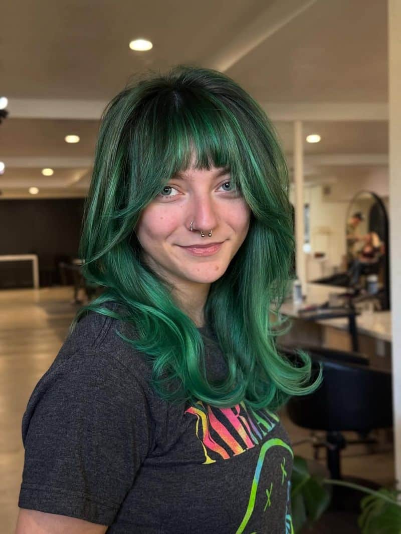 34. Pine Green Curtain Bangs