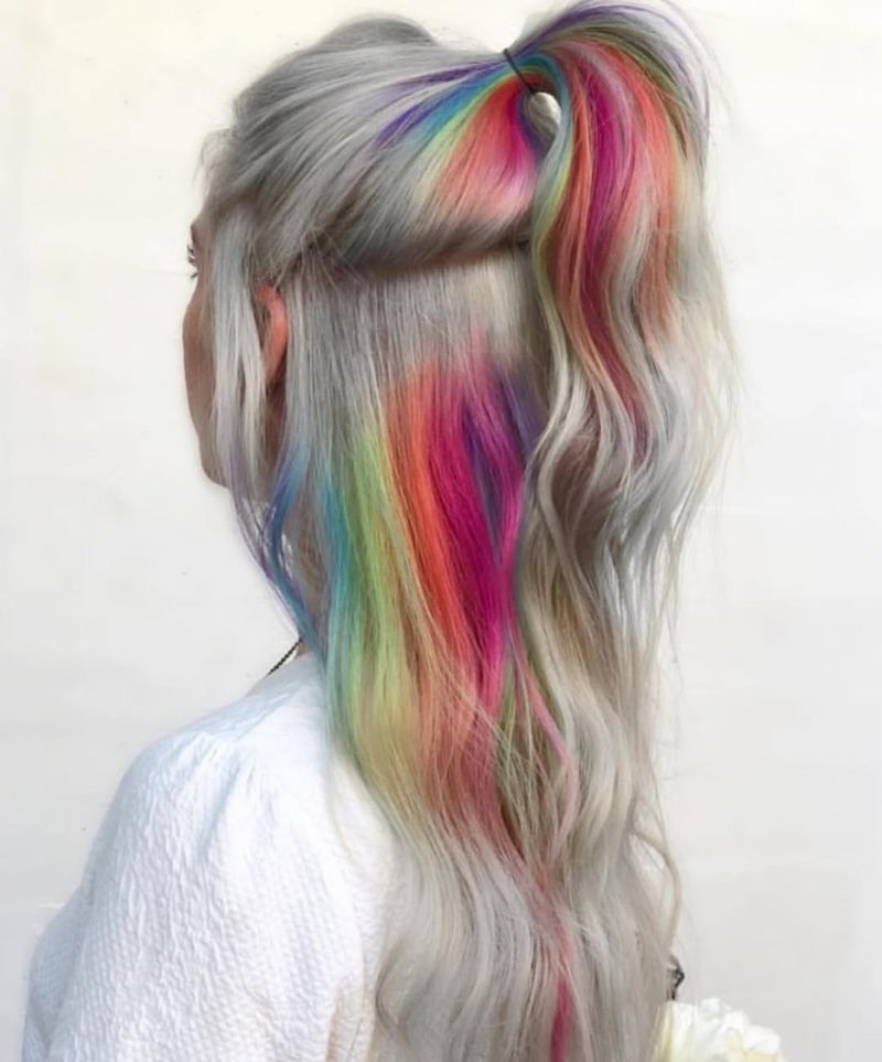 58. Platinum Ponytail with Hidden Rainbow Slices