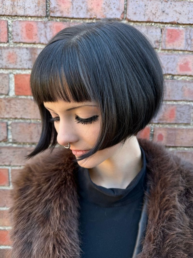 55. Raven Black Curved Bob with Micro Bangs