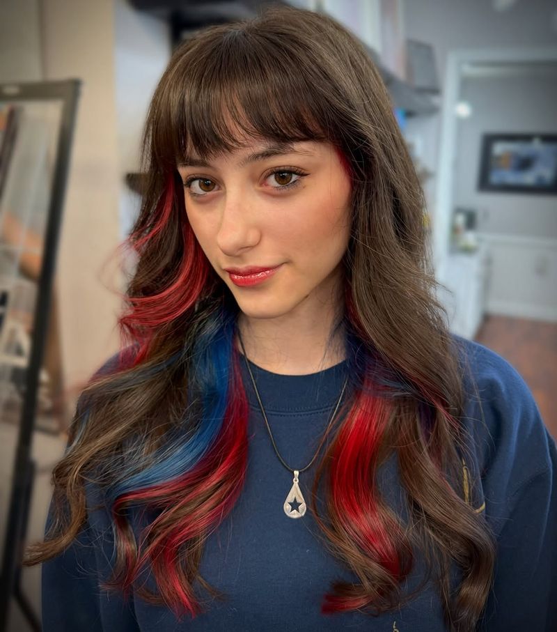 39. Red and Blue Peekaboo Highlights with Bangs