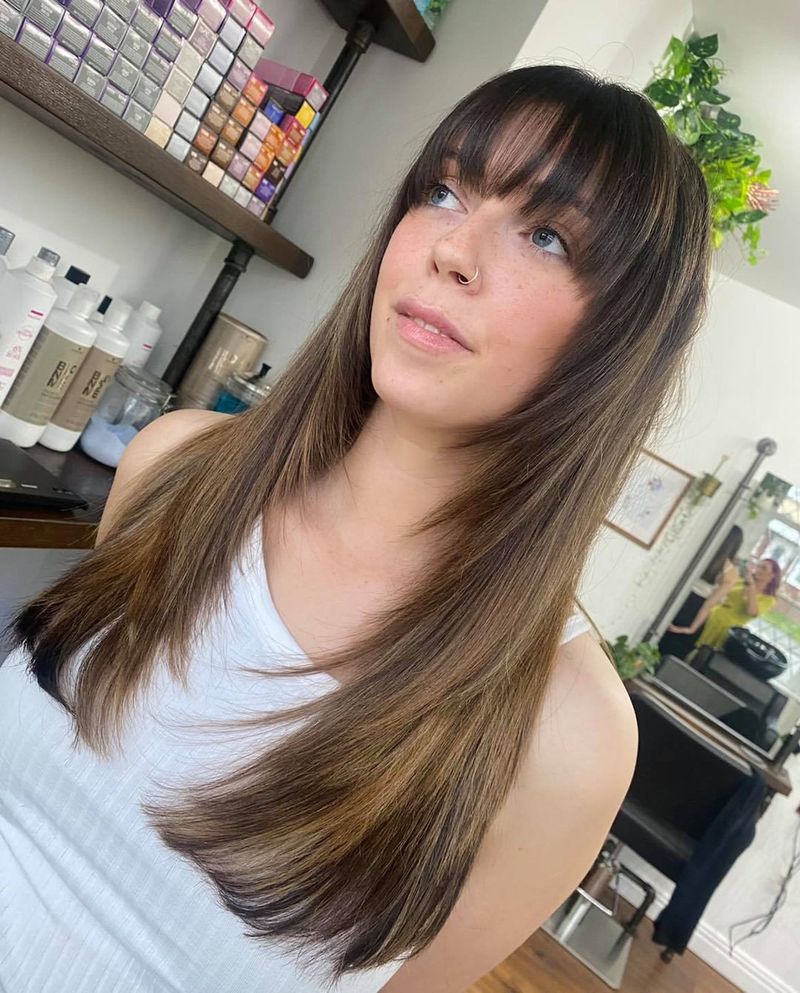 11. Retro Feathered Layers with Straight Bangs