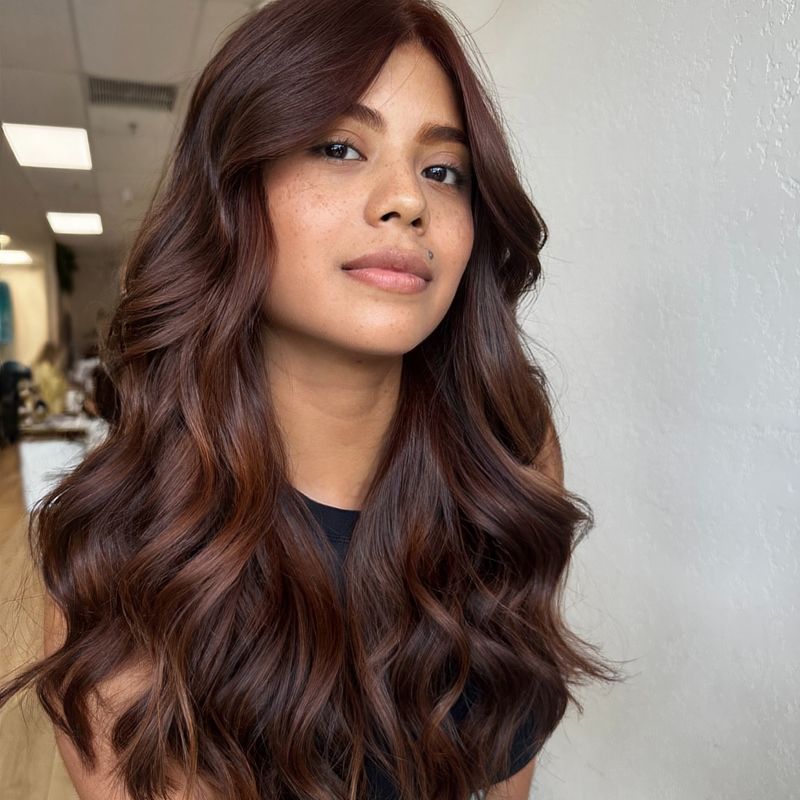 10. Rich Mahogany Waves with Curtain Bangs