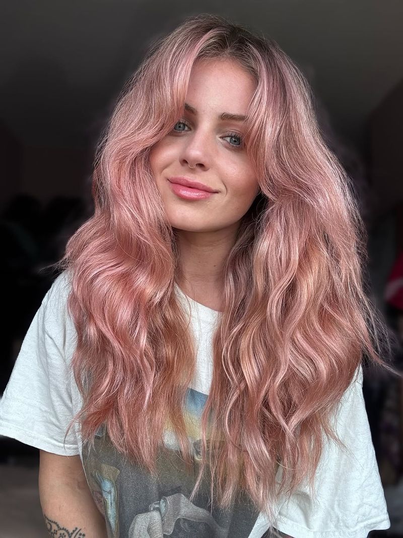2. Rose Gold Waves with Curtain Bangs