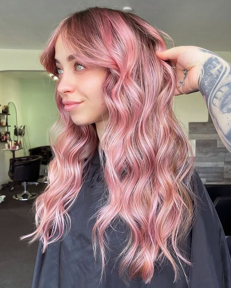 28. Rose Gold Waves with Curtain Bangs