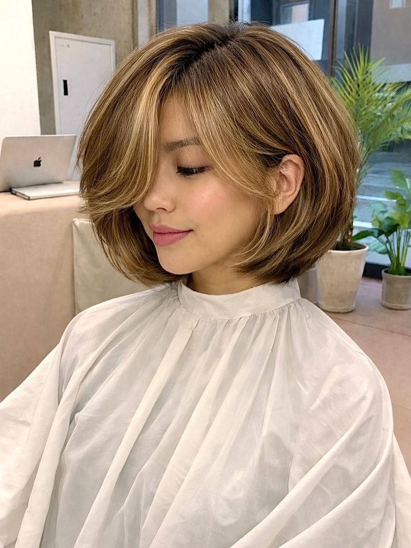 21. Rounded Golden Brown Bob with Sweeping Fringe