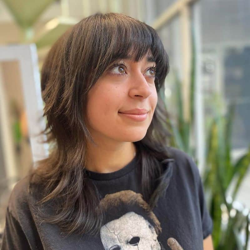 10. Shaggy Dark Brown Layers with Heavy Bangs