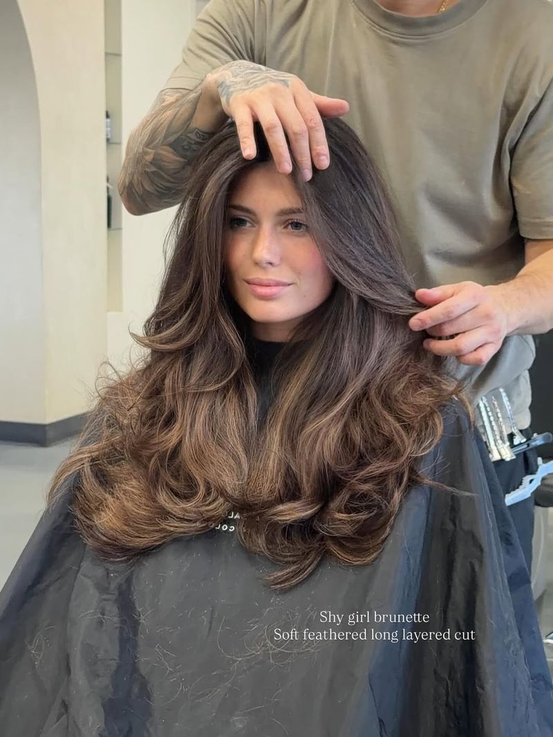 19. Shy Girl Brunette Soft Feathered Long Layered Cut