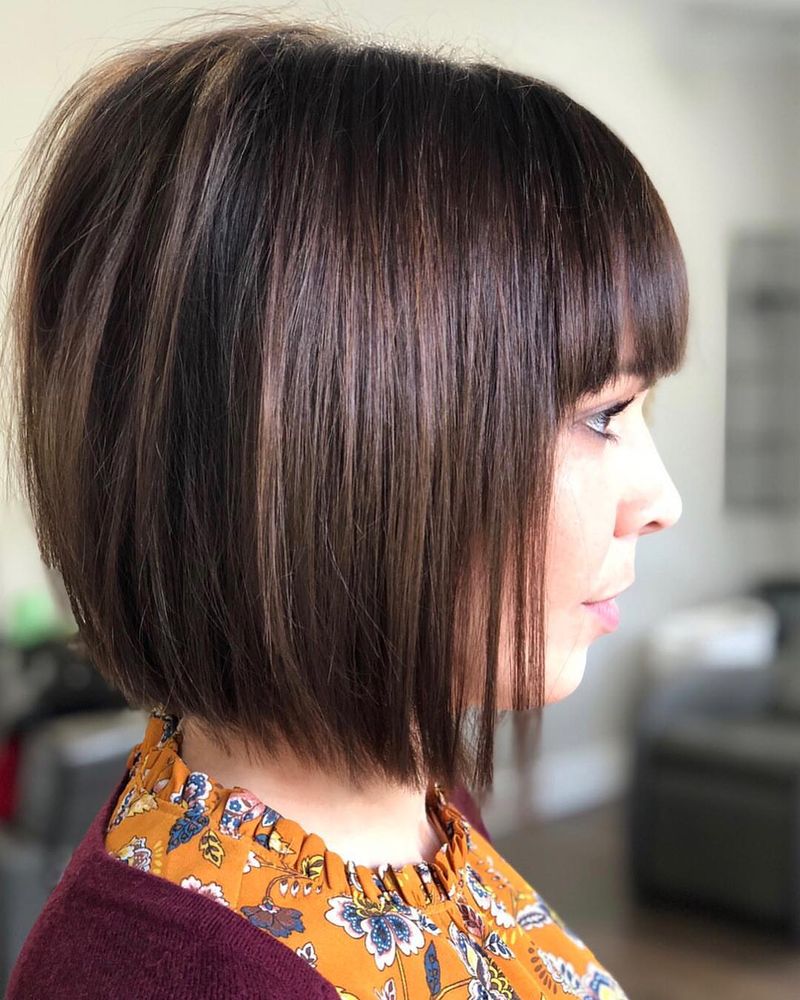 39. Sleek Brunette Bob with Straight Bangs