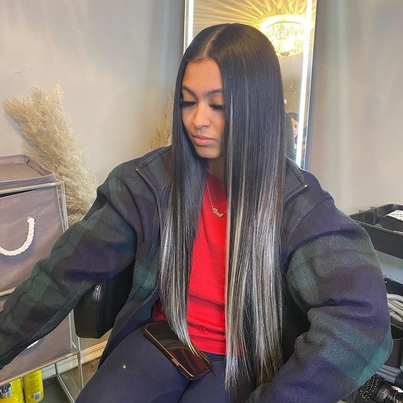 26. Sleek Money Pieces on Bone-Straight Black Hair