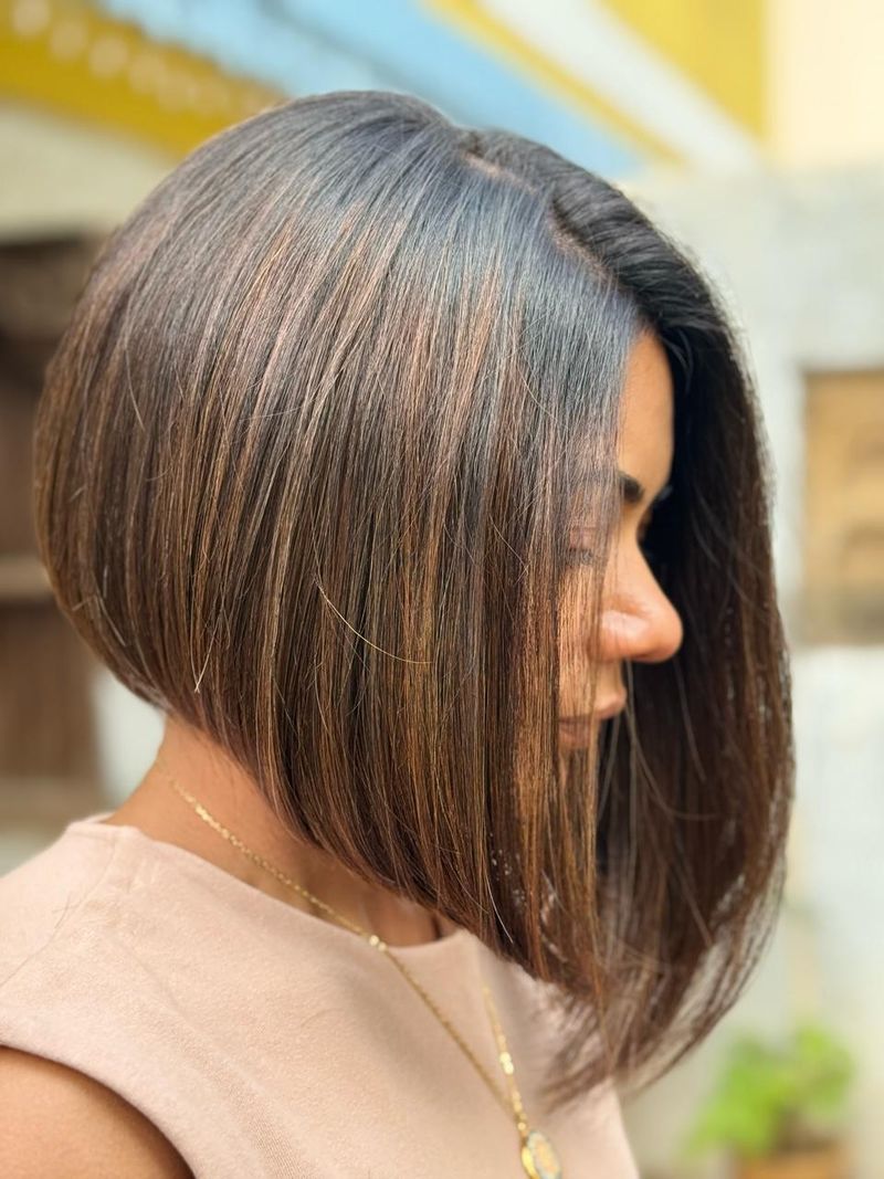 52. Sliced A-Line Bob with Caramel Highlights