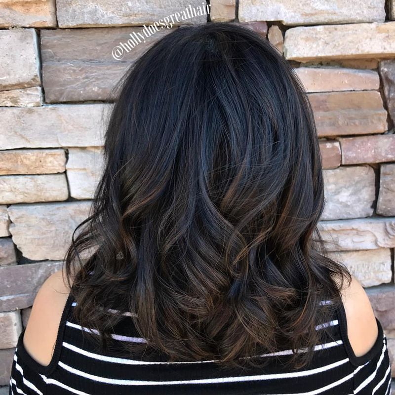 12. Softly Waved Dark Lob with Subtle Caramel Ribboning