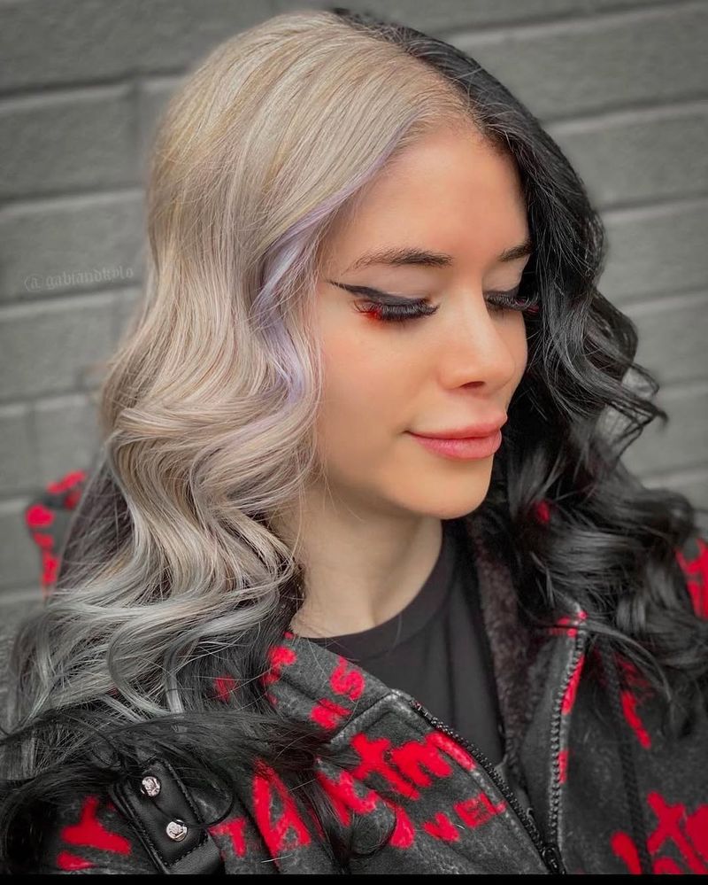 39. Split-Dyed Platinum and Jet Black Curls