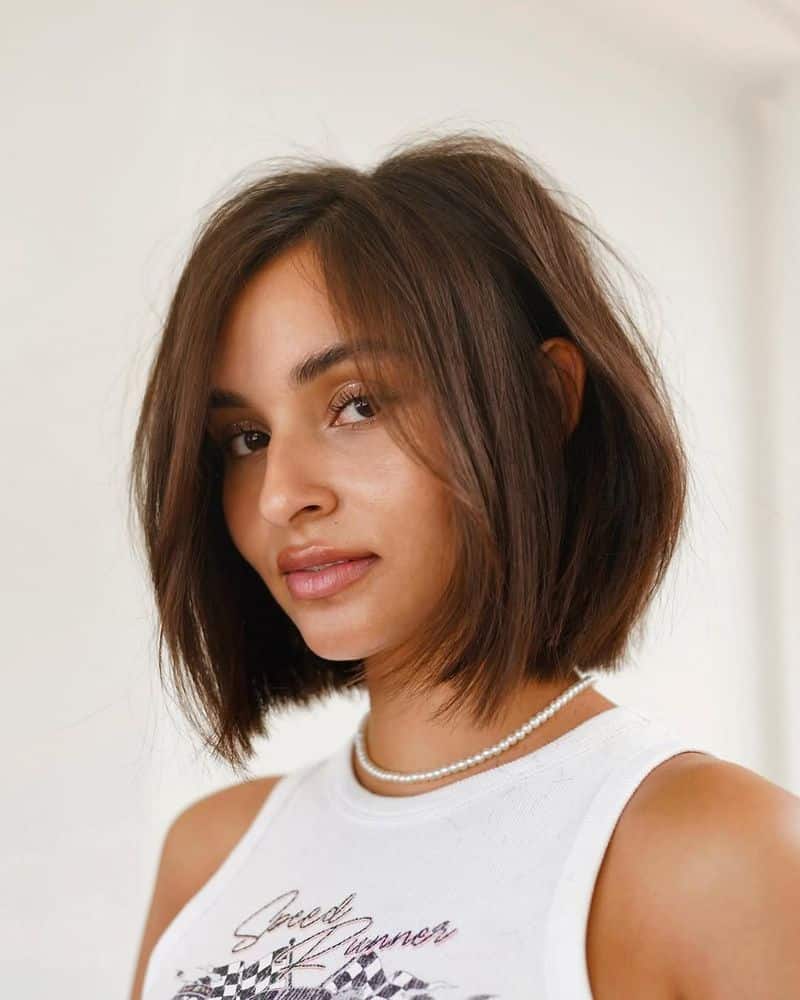 40. Tousled Chestnut Chin-Length Bob