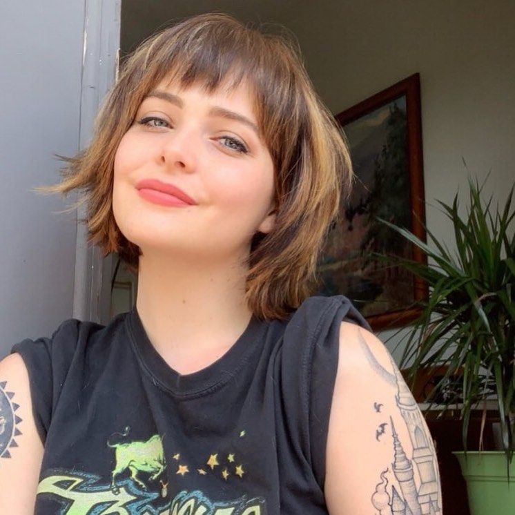 52. Tousled Chestnut French Bob with Micro Bangs