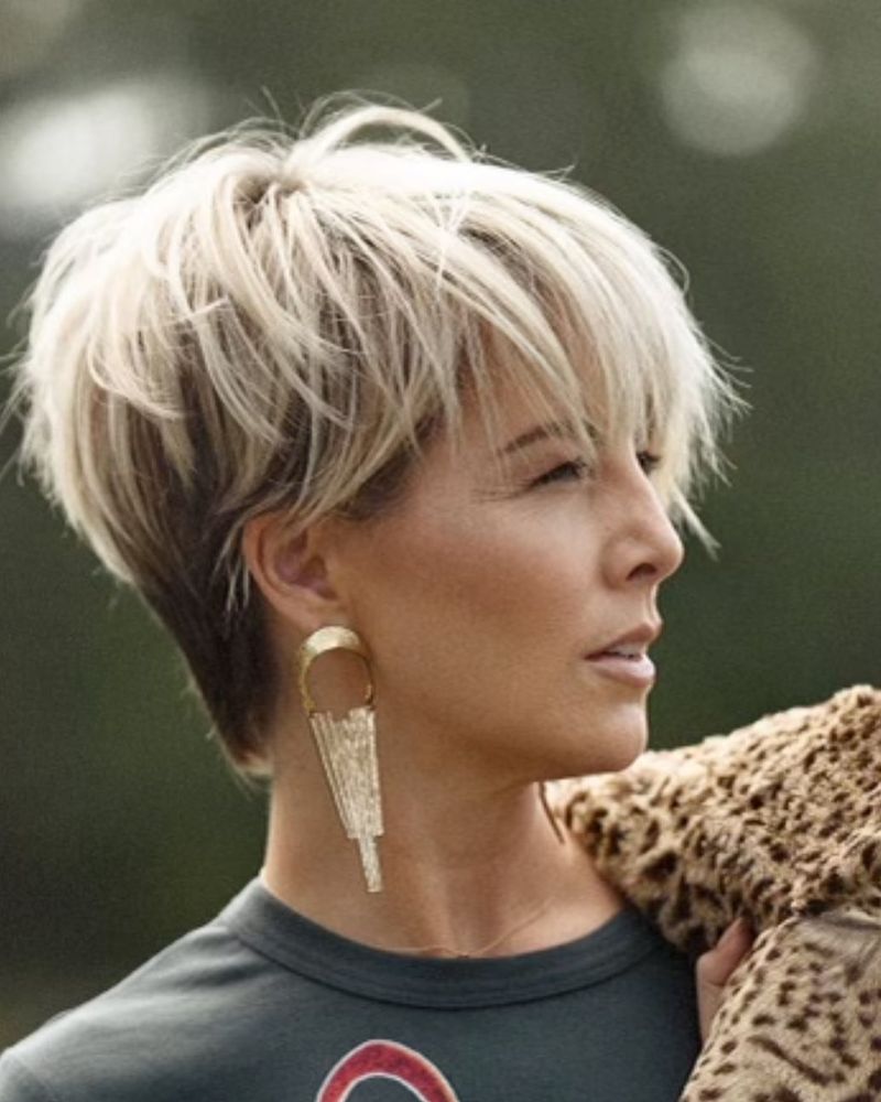 60. Tousled Platinum Crop with Dark Roots