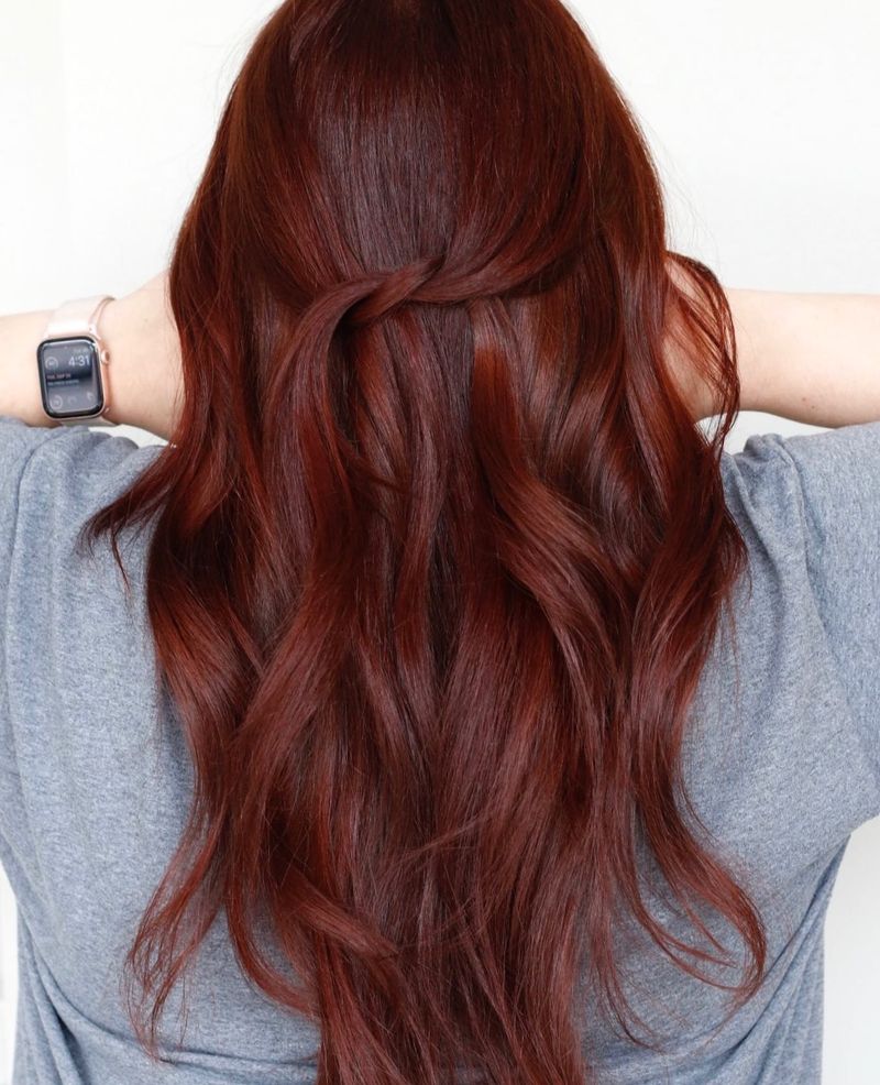 37. Twisted Half-Up Deep Auburn Waves