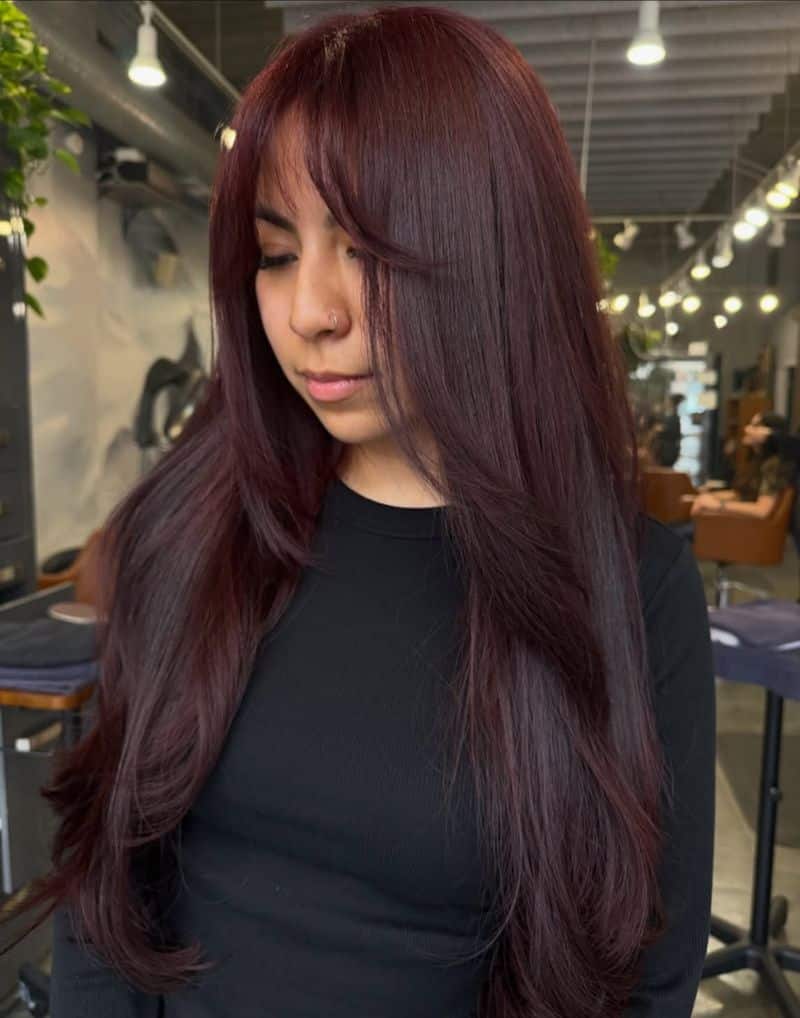 38. Velvet Plum Layers with Curtain Bangs