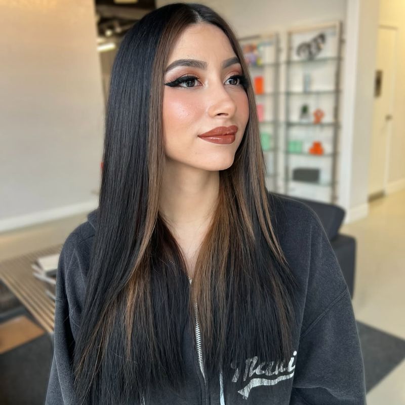 21. Warm Caramel Money Piece on Jet Black Hair