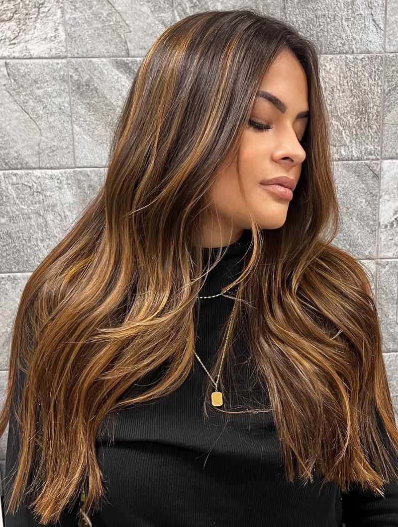 30. Warm Ribbon Highlights on Long Layers