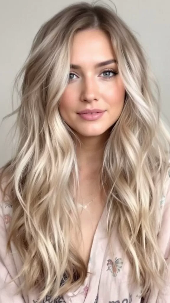 A woman with long, wavy hair styled in a boho shag with curled ends.