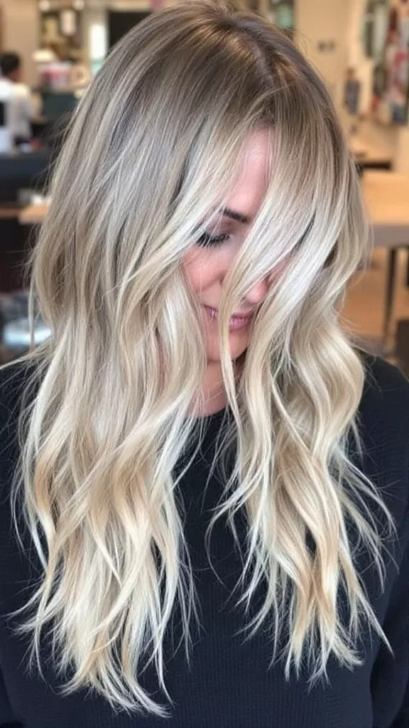 A woman with long shaggy hair featuring wispy layers, smiling and looking down.